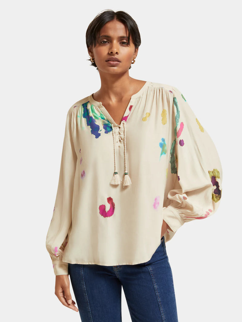 Scotch & Soda Lace Up Blouse With Balloon Sleeves