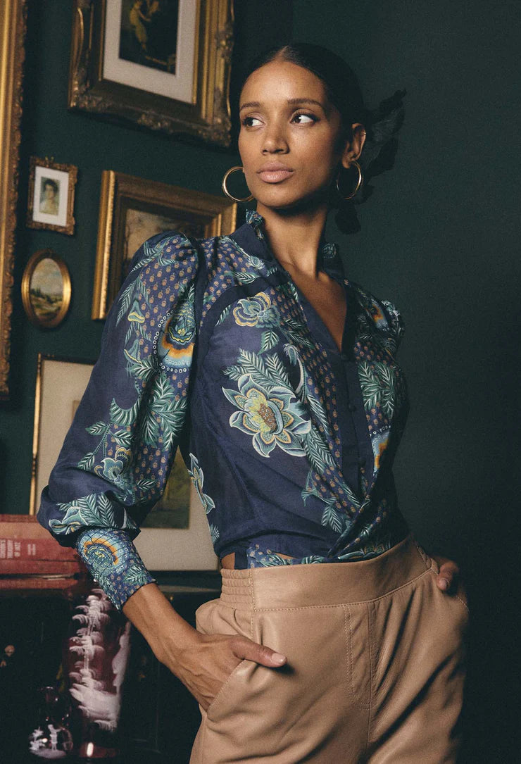 Once Was RENATA PLACEMENT PRINT CONTRAST TRIM COTTON SILK BLOUSE