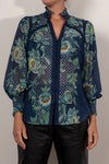 Once Was RENATA PLACEMENT PRINT CONTRAST TRIM COTTON SILK BLOUSE