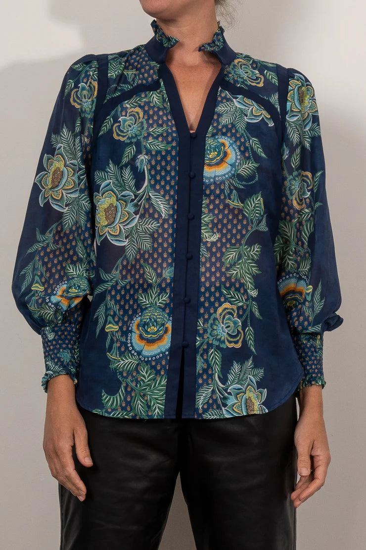 Once Was RENATA PLACEMENT PRINT CONTRAST TRIM COTTON SILK BLOUSE
