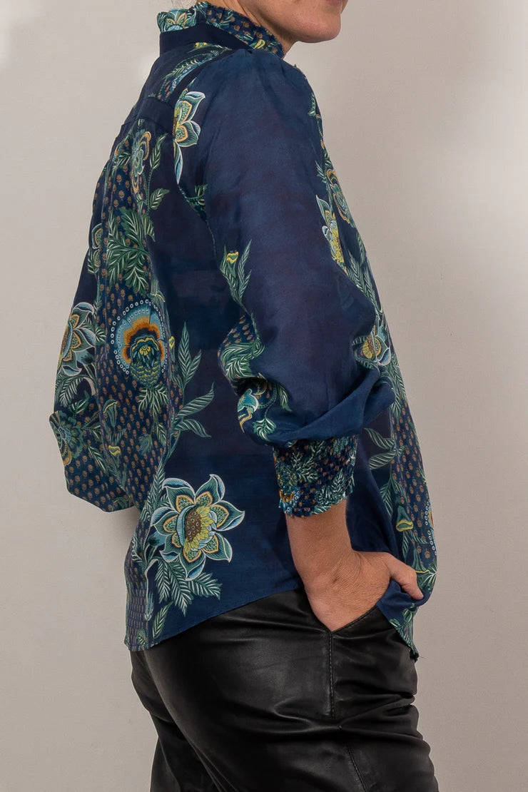 Once Was RENATA PLACEMENT PRINT CONTRAST TRIM COTTON SILK BLOUSE