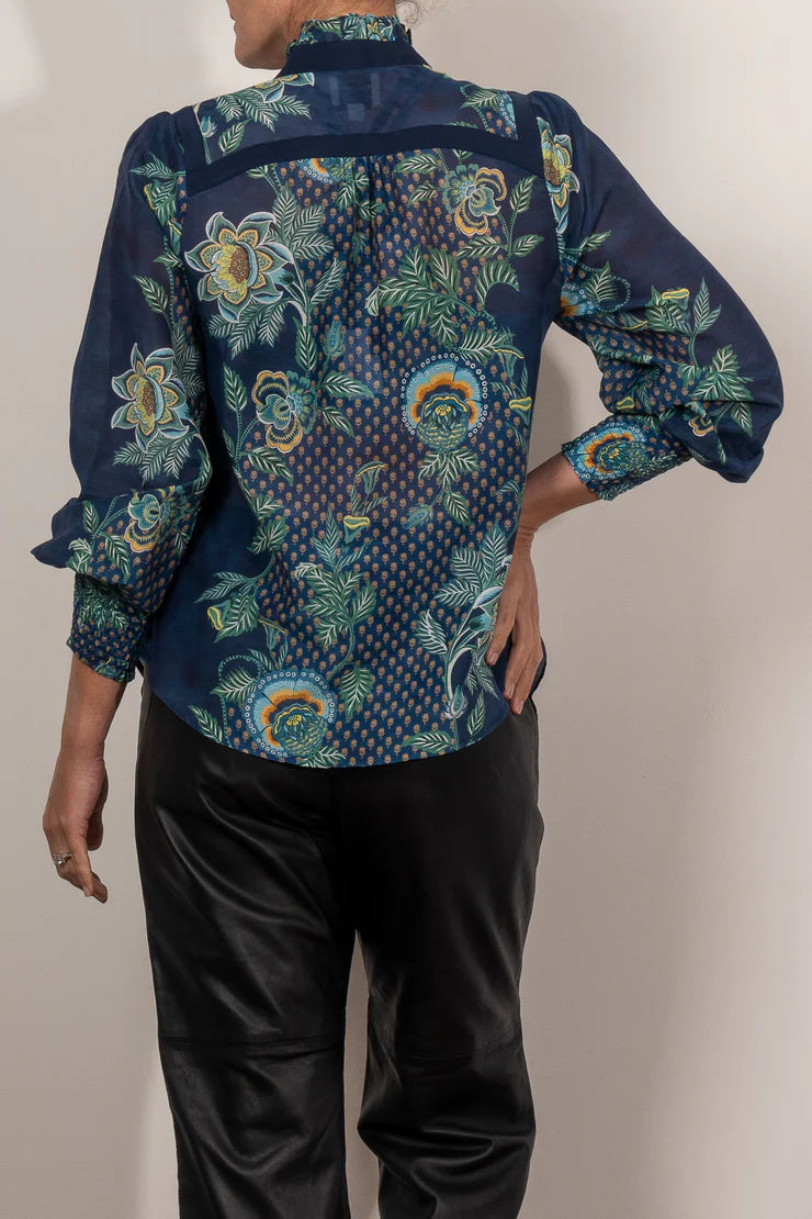 Once Was RENATA PLACEMENT PRINT CONTRAST TRIM COTTON SILK BLOUSE